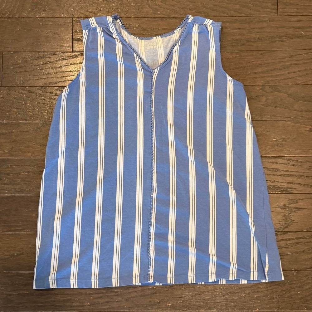 Lands End Blue White Striped V-Neck Pom Pom Tank Top Medium 10-12